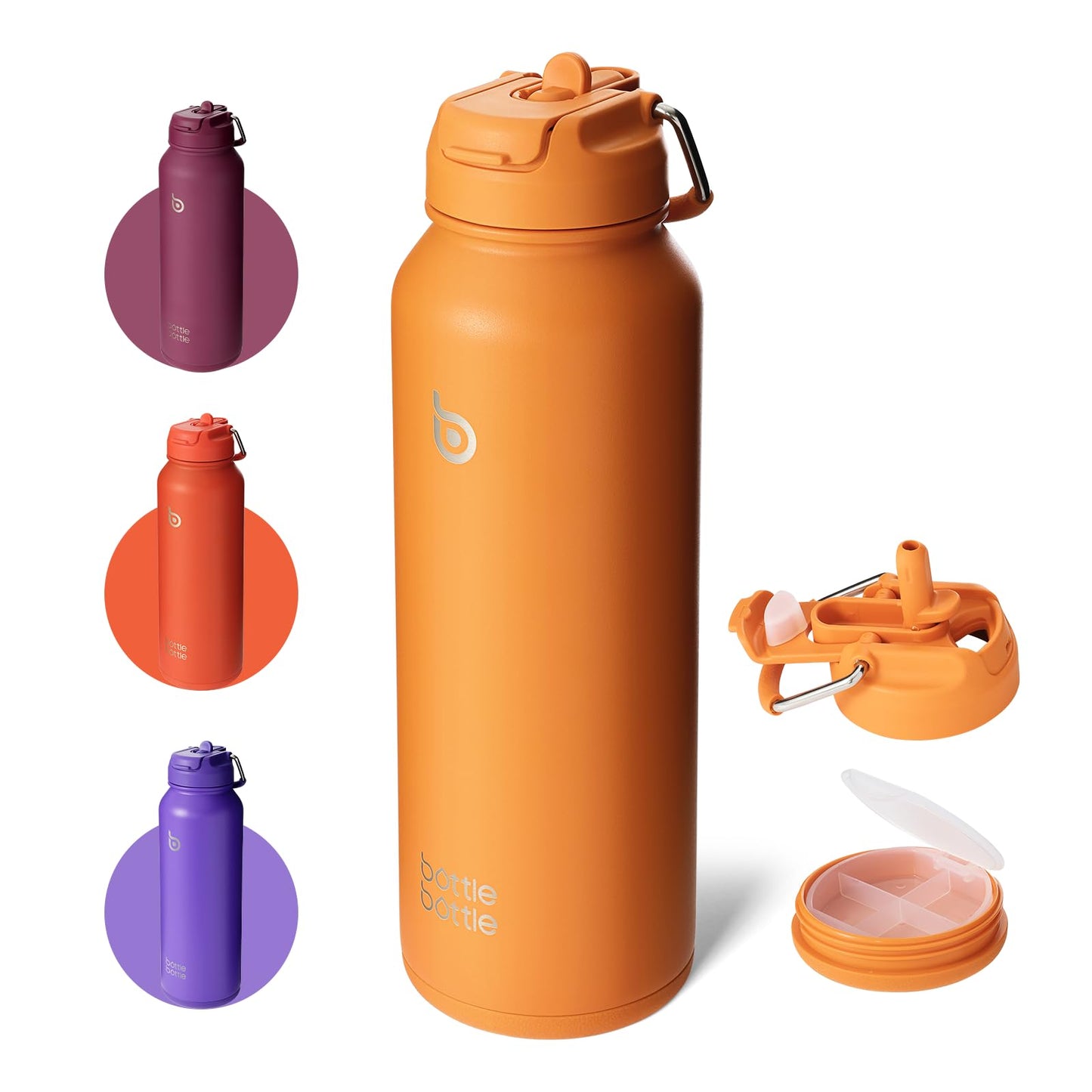 BOTTLE BOTTLE 40 oz sports water bottle stainless steel insulated water bottle with straw and pills holder (orange)