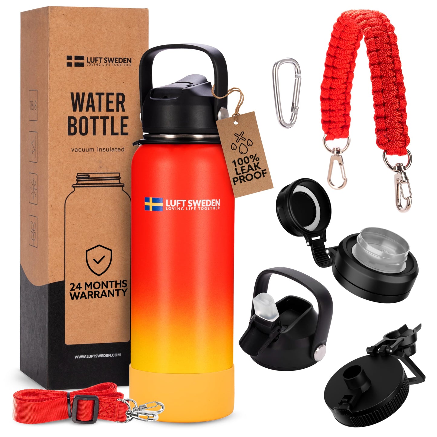 LUFT SWEDEN Reusable Insulated Water Bottle Stainless Steel - 32 Oz Leakproof Double Wall Insulated Water Bottle with Straw Lid Dishwasher Safe Red & Orange Metal Gym Bottle for Cold Drinks