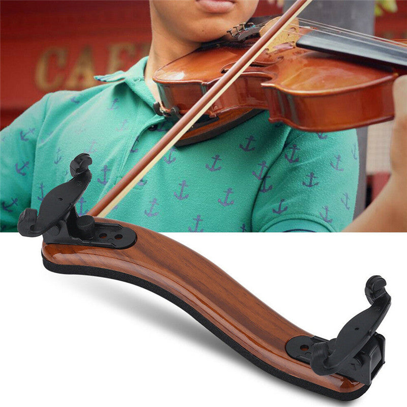 Violin shoulder rest with a wooden finish, designed for comfort and stability during play.
