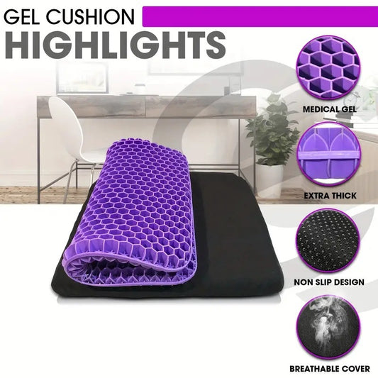 Gel Cushion features a purple honeycomb design for comfort and breathability.