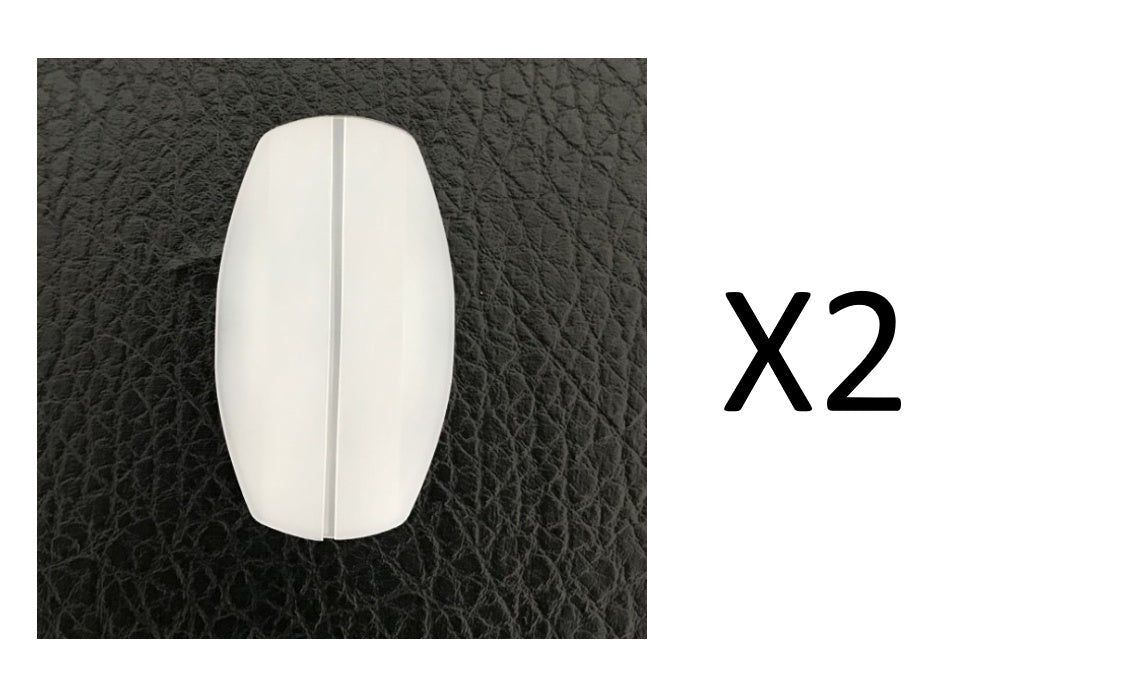 White wireless earbuds with a sleek design, shown from the top view.