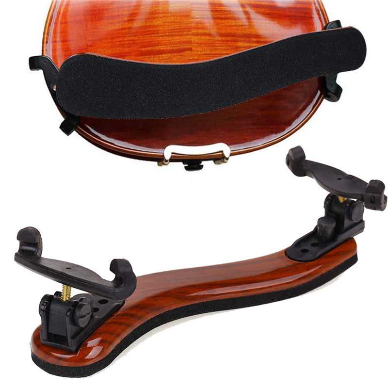 Violin shoulder rest with adjustable height and curved wooden base for comfort.